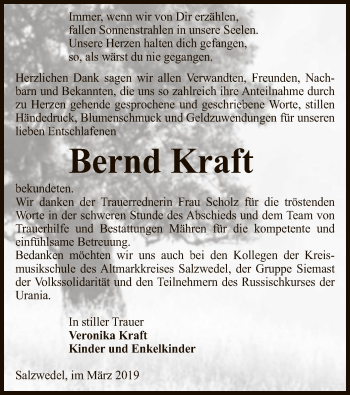 Todesanzeige von Bernd Kraft von Uelzen