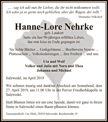 Todesanzeige von Hanne-Lore Nehrke von Uelzen