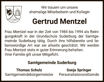 Todesanzeige von Gertrud Mentzel von Uelzen