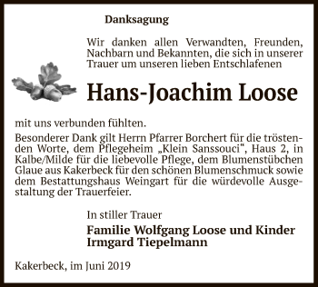 Todesanzeige von Hans-Joachim Loose von Uelzen