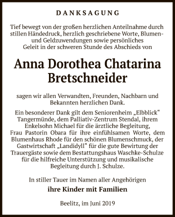 Todesanzeige von Anna Dorothea Chatarina Bretschneider von Uelzen