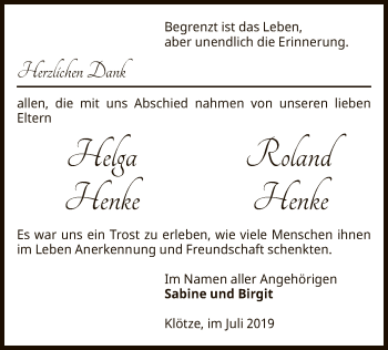 Todesanzeige von Helga und Roland Henke von Uelzen