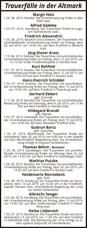 Todesanzeige von Totentafel vom 09.07.2019 von Uelzen