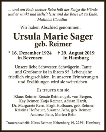 Todesanzeige von Ursula Marie Sager von Uelzen