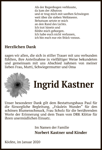 Todesanzeige von Ingrid Kastner von Uelzen