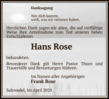 Todesanzeige von Hans Rose von UEL