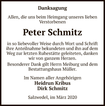 Todesanzeige von Peter Schmitz von Uelzen