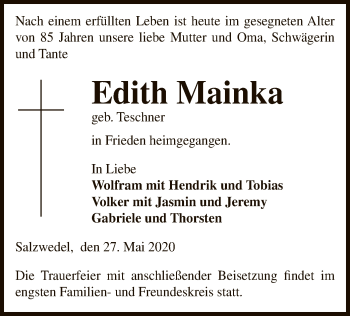 Todesanzeige von Edith Mainka von UEL