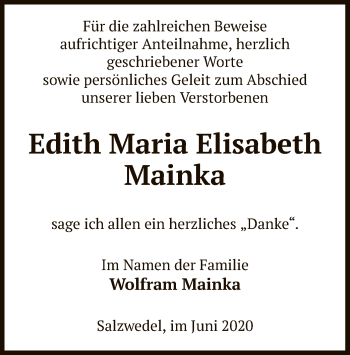 Todesanzeige von Edith Maria Elisabeth Mainka von UEL