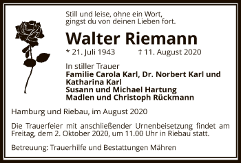 Todesanzeige von Walter Riemann von UEL