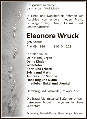Todesanzeige von Eleonore Wruck von UEL