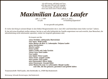 Todesanzeige von Maximilian Lucas Laufer von UEL