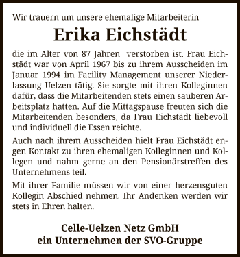 Todesanzeige von Erika Eichstädt von UEL