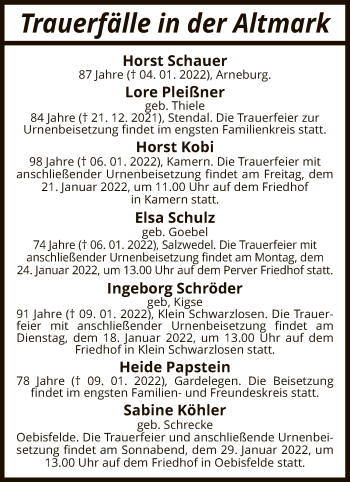 Todesanzeige von Sterbetafel vom 13.01.2022 von UEL