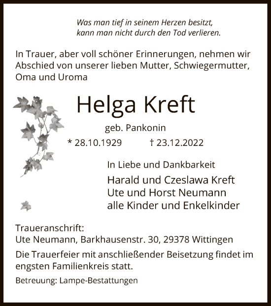 Todesanzeige von Helga Kreft von UEL