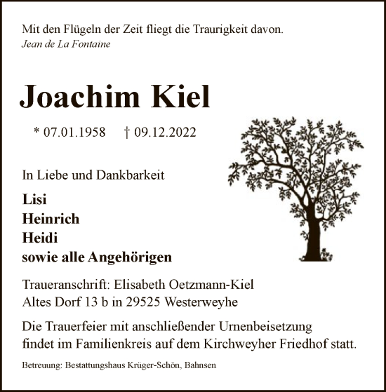 Todesanzeige von Joachim Kiel von UEL