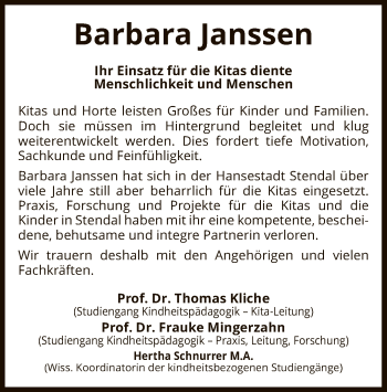 Todesanzeige von Barbara Janssen von UEL