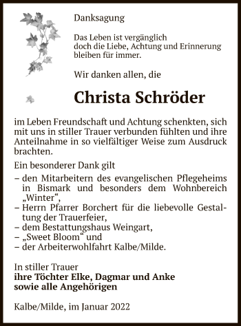 Todesanzeige von Christa Schröder von UEL