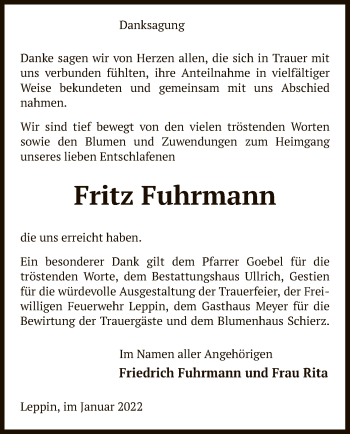 Todesanzeige von Fritz Fuhrmann von UEL