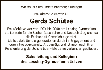 Todesanzeige von Gerda Schütze von UEL