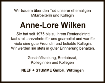 Todesanzeige von Anne-Lore Wilken von UEL