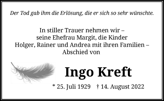 Todesanzeige von Ingo Kreft von UEL