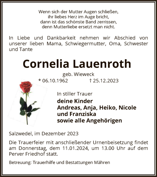 Todesanzeige von Cornelia Lauenroth von UEL