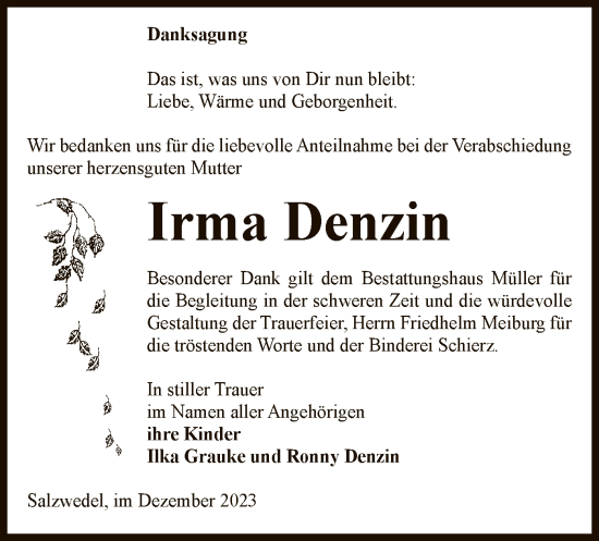 Todesanzeige von Irma Denzin von UEL