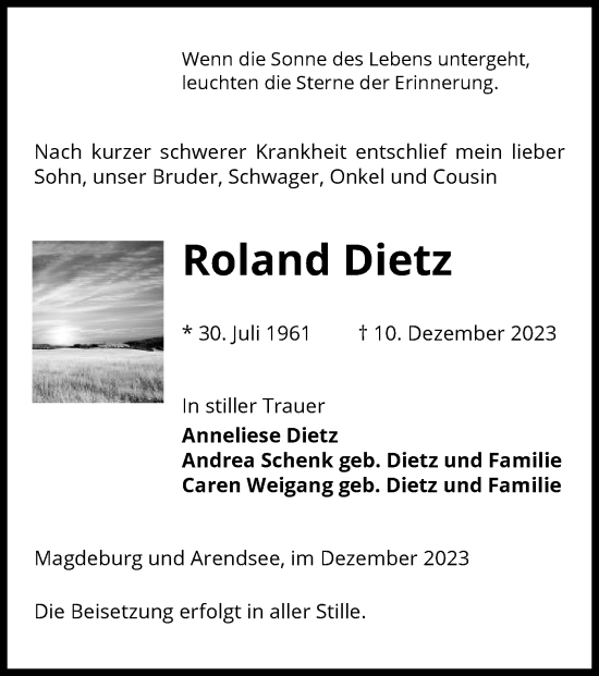 Todesanzeige von Roland Dietz von UEL