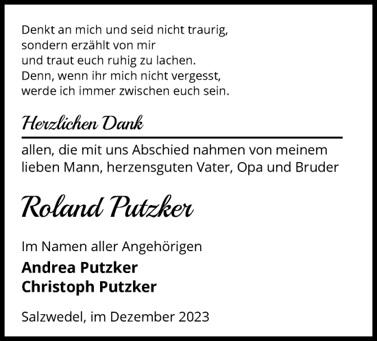 Todesanzeige von Roland Putzker von UEL