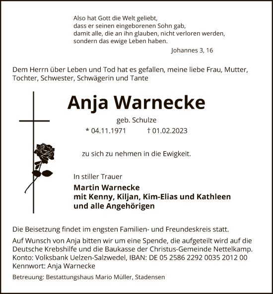 Todesanzeige von Anja Warnecke von UEL