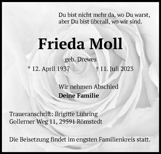 Todesanzeige von Frieda Moll von UEL