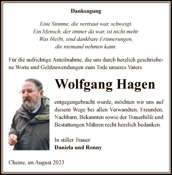 Todesanzeige von Wolfgang Hagen von UEL