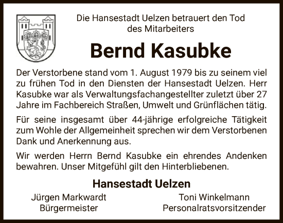 Todesanzeige von Bernd Kasubke von UEL