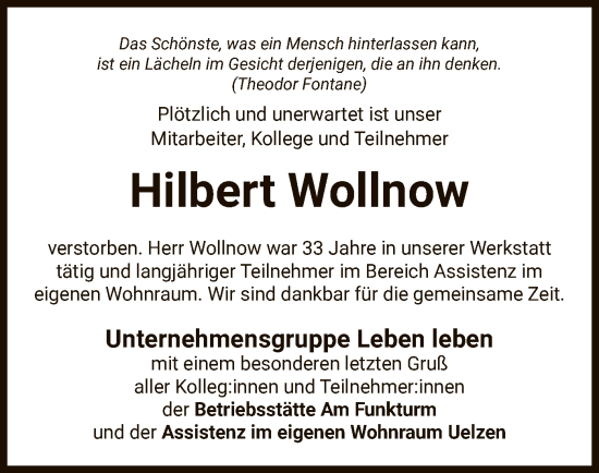 Todesanzeige von Hilbert Wollnow von UEL