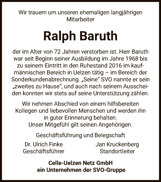 Todesanzeige von Ralph Baruth von UEL