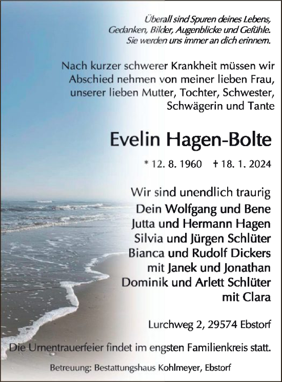 Todesanzeige von Evelin Hagen-Bolte von UEL