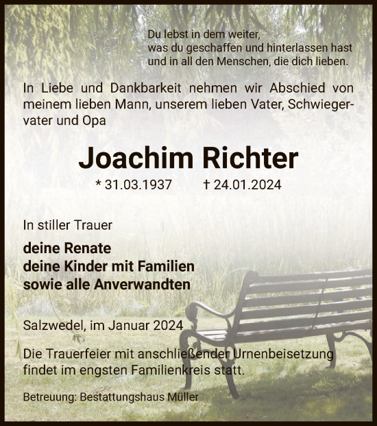 Todesanzeige von Joachim Richter von UEL