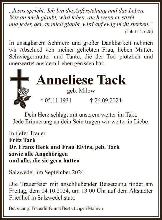 Todesanzeige von Anneliese Tack von UEL