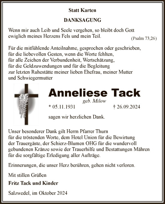 Todesanzeige von Anneliese Tack von UEL