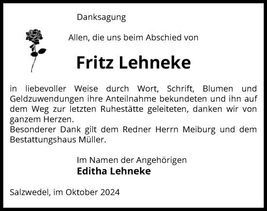 Todesanzeige von Fritz Lehneke von UEL