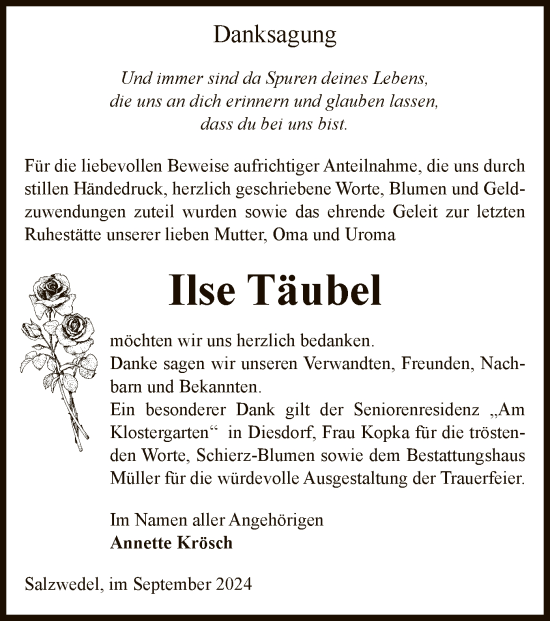 Todesanzeige von Ilse Täubel von UEL