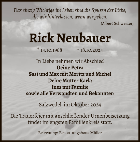 Todesanzeige von Rick Neubauer von UEL