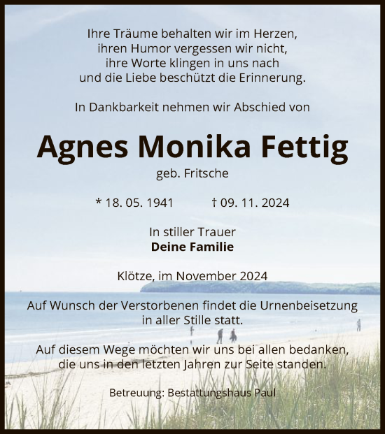 Todesanzeige von Agnes Monika Fettig von UEL