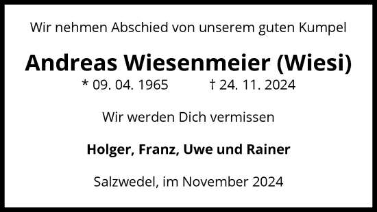 Todesanzeige von Andreas Wiesenmeier von UEL