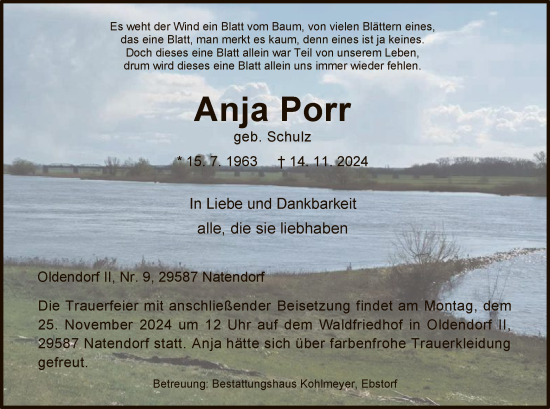 Todesanzeige von Anja Porr von UEL