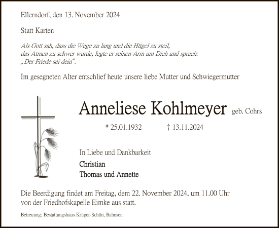 Todesanzeige von Anneliese Kohlmeyer von UEL