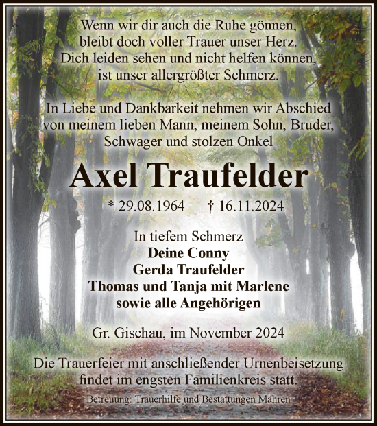 Todesanzeige von Axel Traufelder von UEL