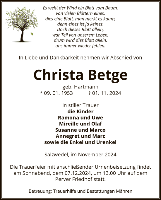 Todesanzeige von Christa Betge von UEL