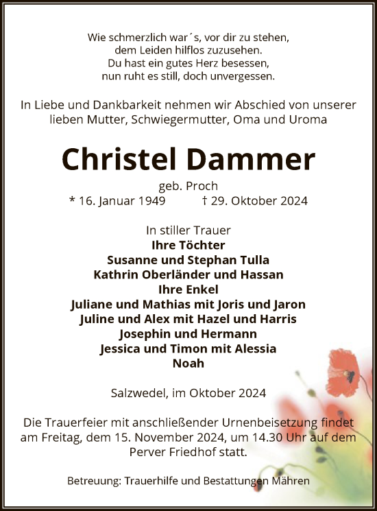 Todesanzeige von Christel Dammer von UEL